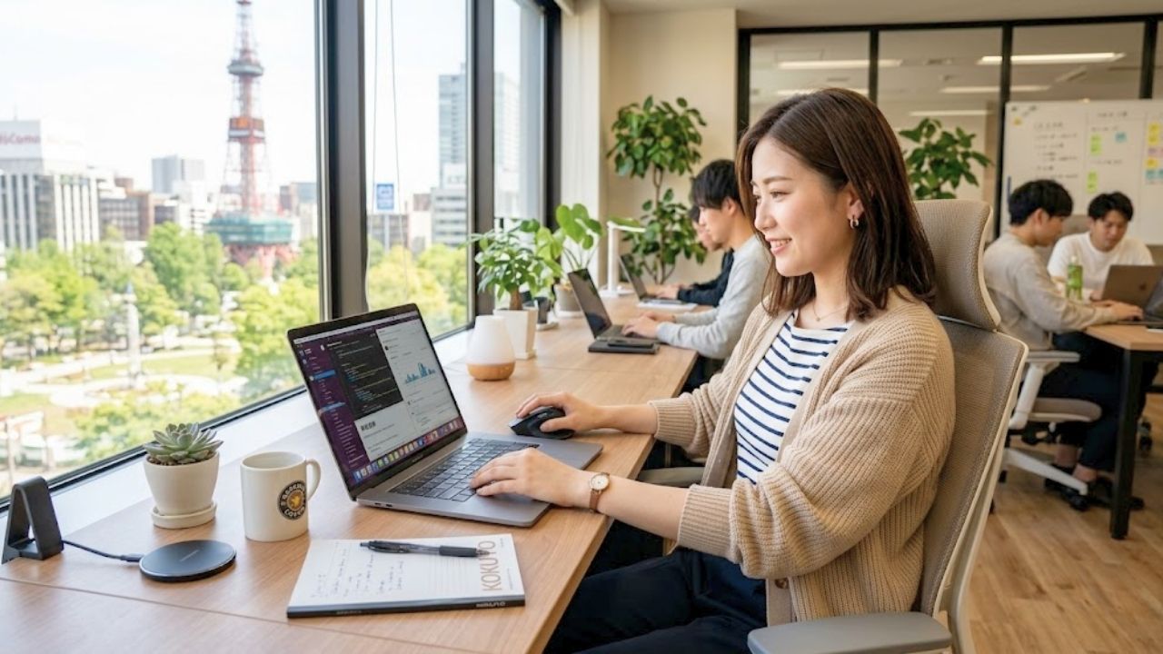 子どもの都合で会社を休んだり早退したりするのは少しの期間だけだと割り切り、リラックスした様子で仕事をこなすシングルマザー。