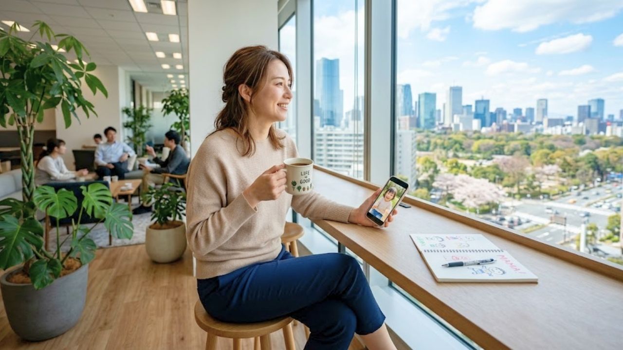 オフィスでの休憩中、コーヒーを飲みながらリラックスしているシングルマザー。