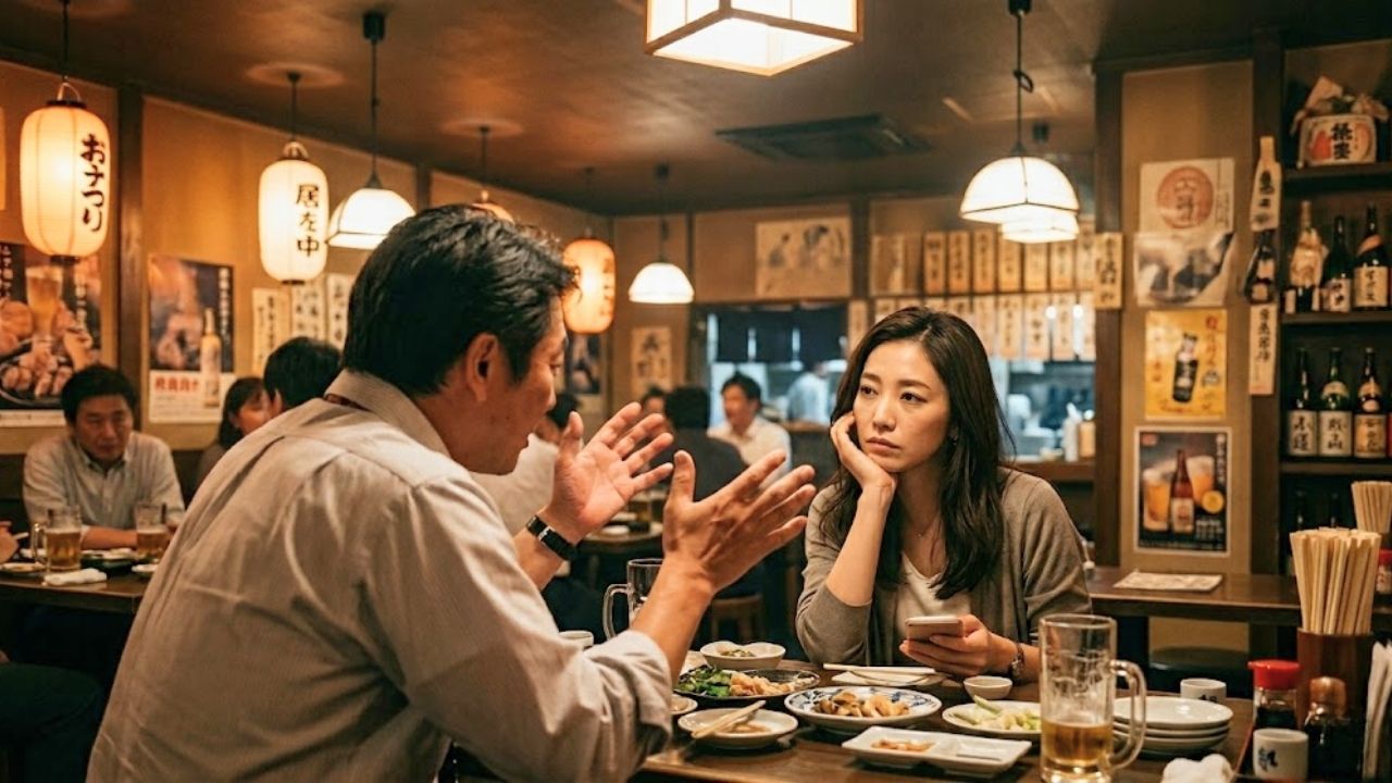 居酒屋でくだらない武勇伝を延々と聞かされ無の表情になるシングルマザー。