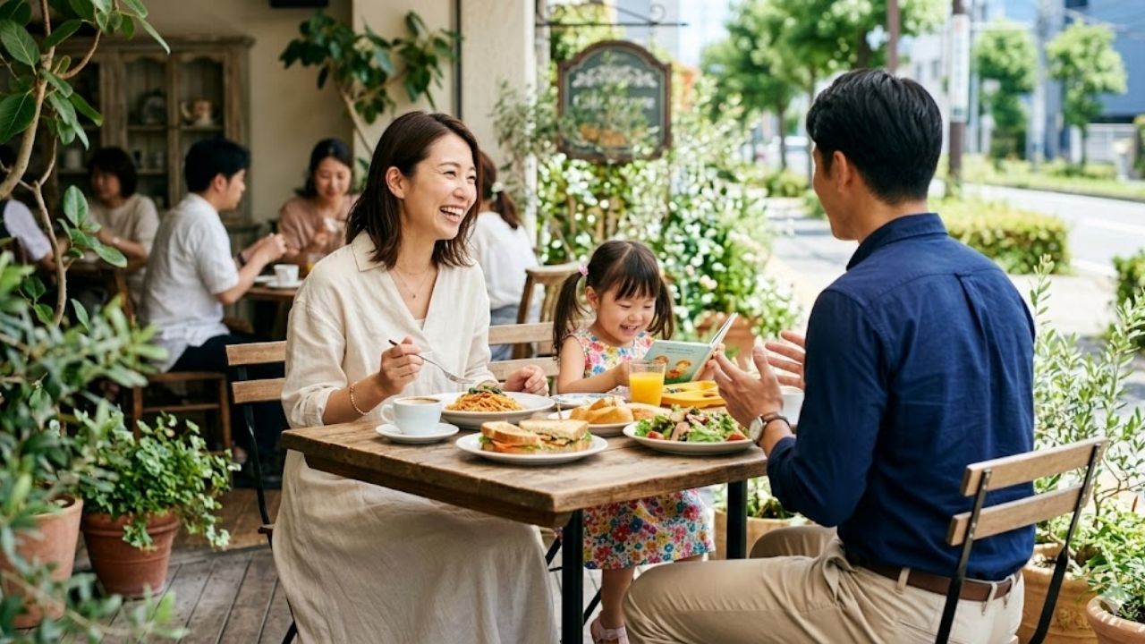 シングルマザーに対する理解度の高いマッチングアプリで出会った誠実な男性とランチを楽しむシングルマザー。