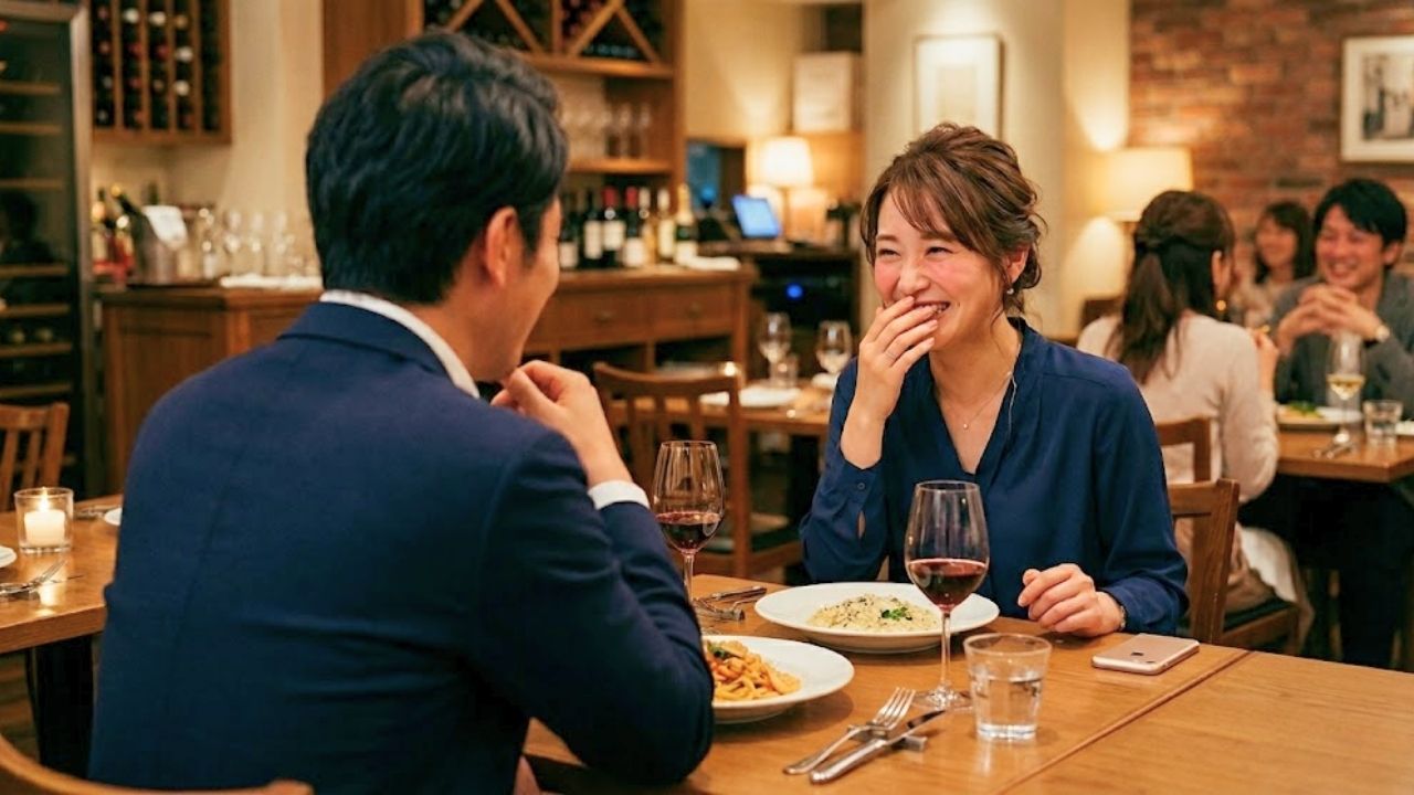 初デートで失敗したシングルマザーとその失敗に癒やされる男性が、楽しそうに会話をしている。