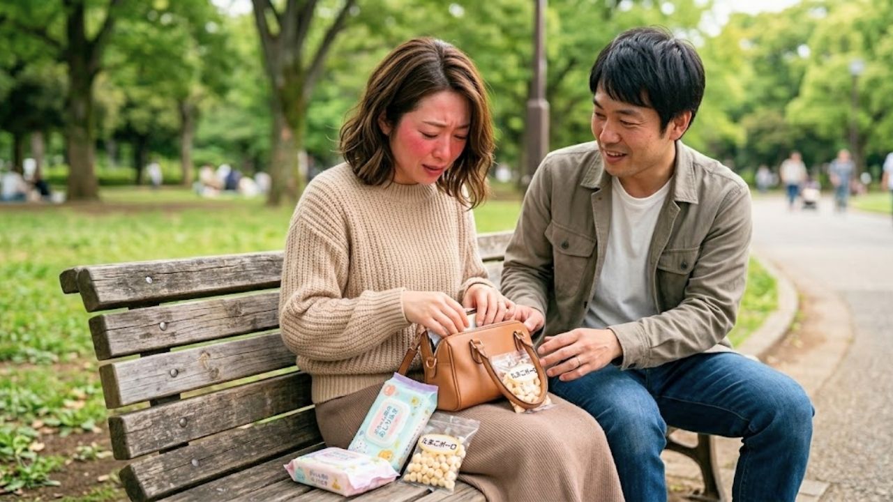 初デートでバッグからおしり拭きやボーロが出てきてしまい恥ずかしそうにするシングルマザー。