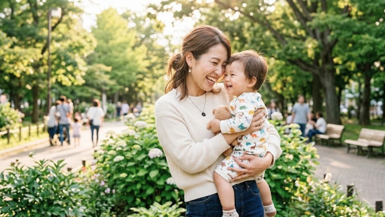 子どもを抱っこする幸せそうなシングルマザー。