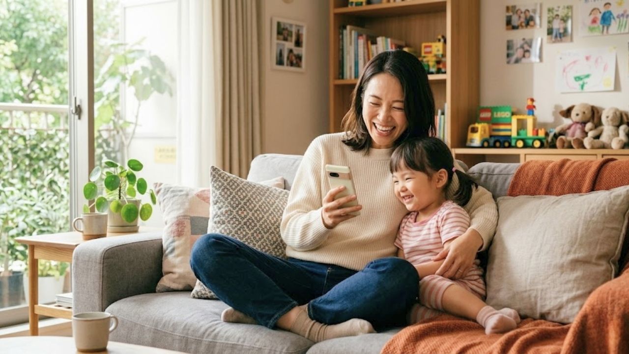 子どもと一緒にスマホで動画を見て楽しんでいるシングルマザー。