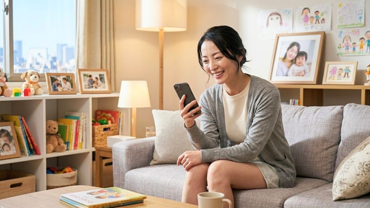 シングルマザーに理解あるマッチングアプリを楽しそうに利用するシングルマザー。