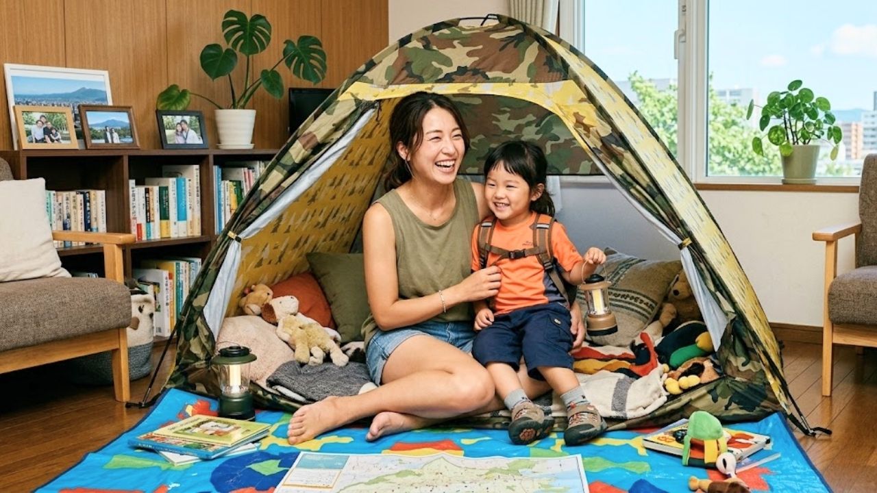 テントやレジャーシートを使ってリビングを秘密基地のようにして大型連休を楽しむシングルマザーと子ども。