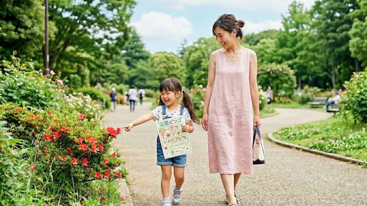 公園で手作りビンゴを楽しむシングルマザー親子。