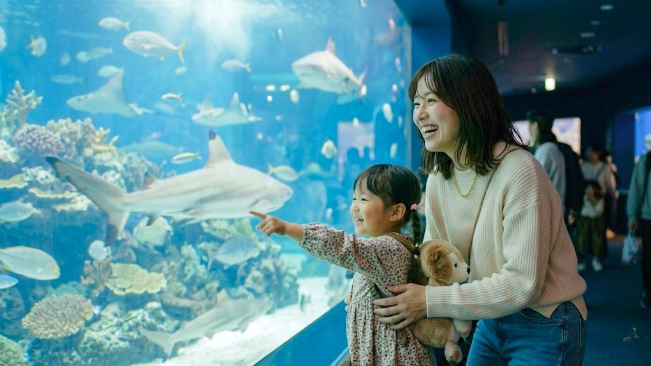 水族館を楽しんでいるシングルマザーの親子。