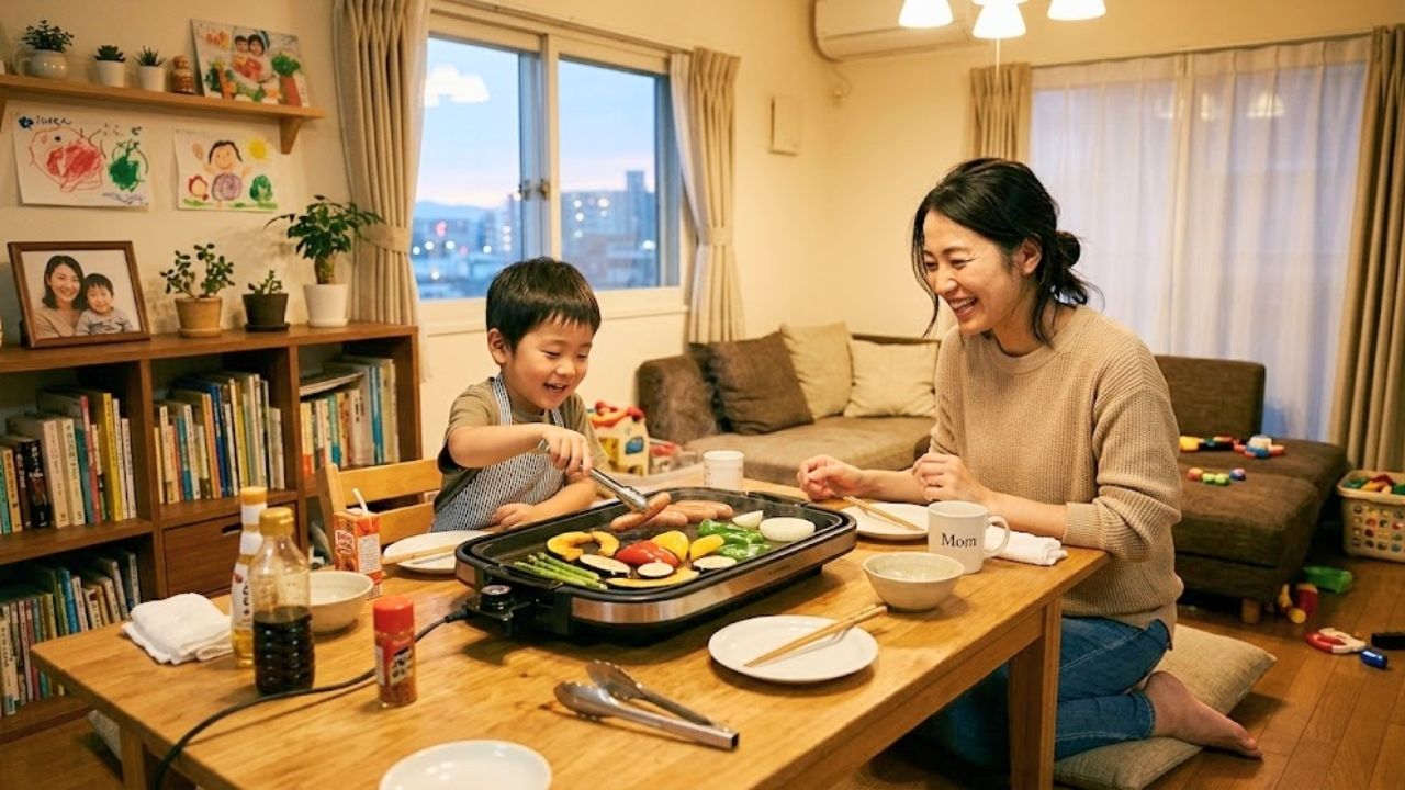 自宅で子ども主体のホットプレートバーベキューを楽しむシングルマザー親子。