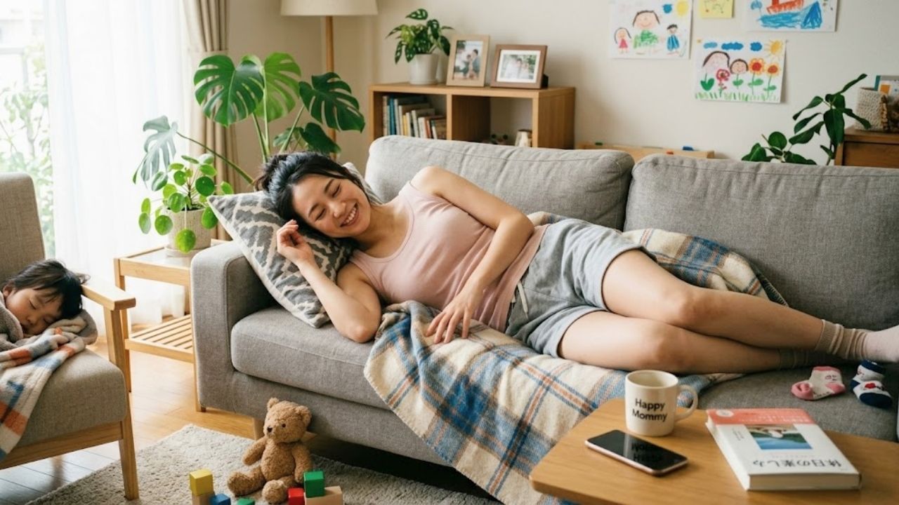 大型連休中、ゆっくりと休む日を設けて子どもリビングで昼寝をするシングルマザー。