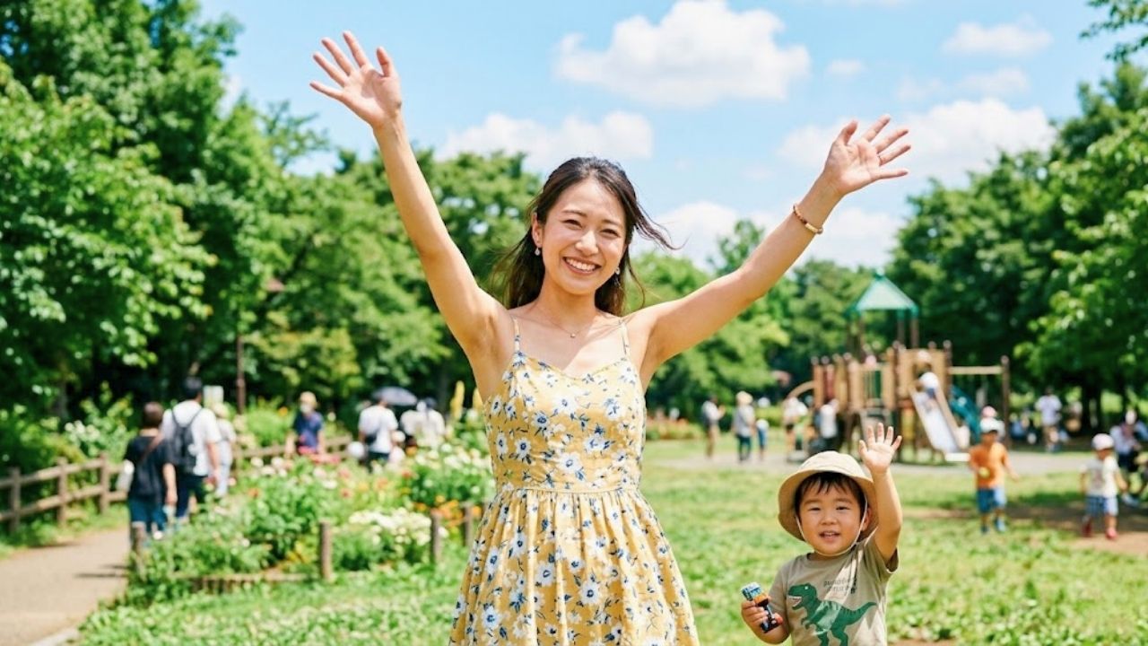 夏の日の公園で新たなパートナーに手を振るシングルマザー親子。