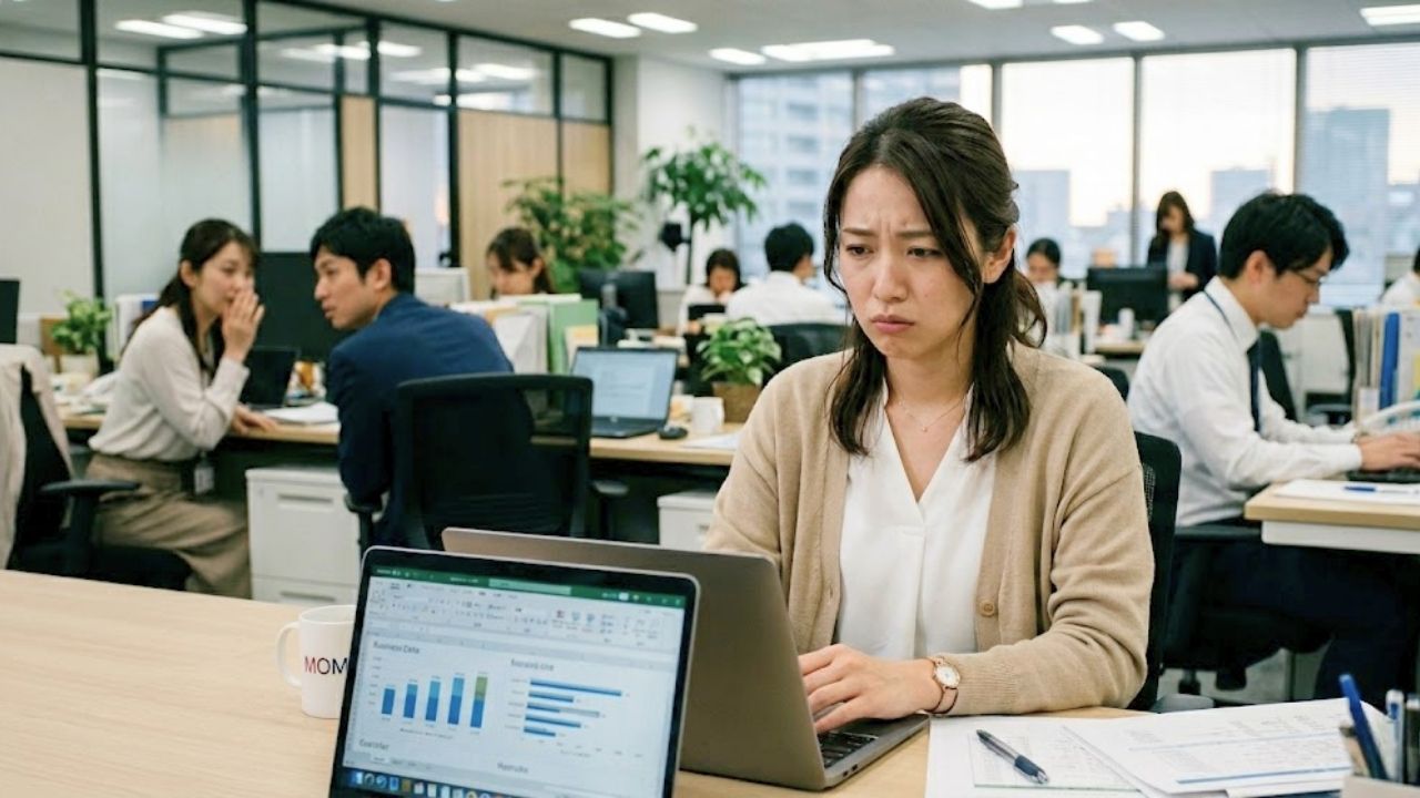 マタハラ・イクハラが横行する職場で居づらそうに仕事をするシングルマザー。