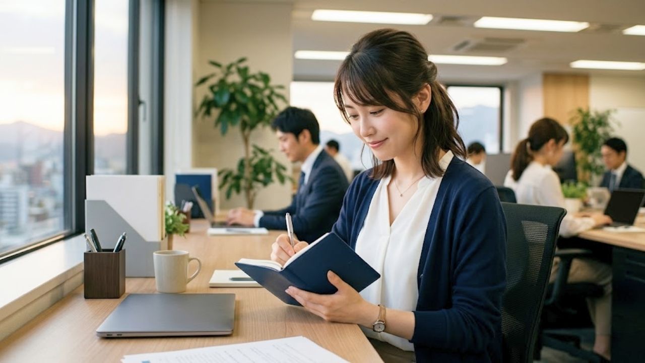 職場でイクハラを受けた記録を手帳に残すシングルマザー。