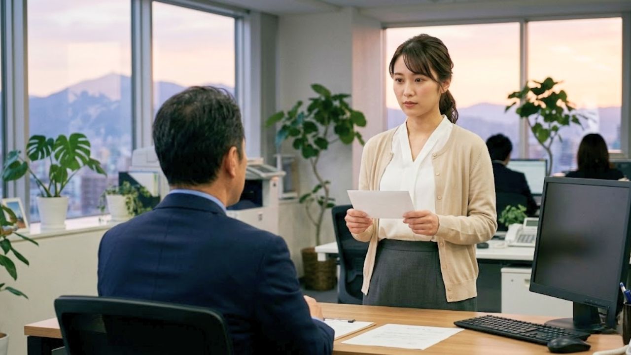 マタハラ・イクハラで職場にいづらくなり、上司へ退職の意思を伝えるシングルマザー。