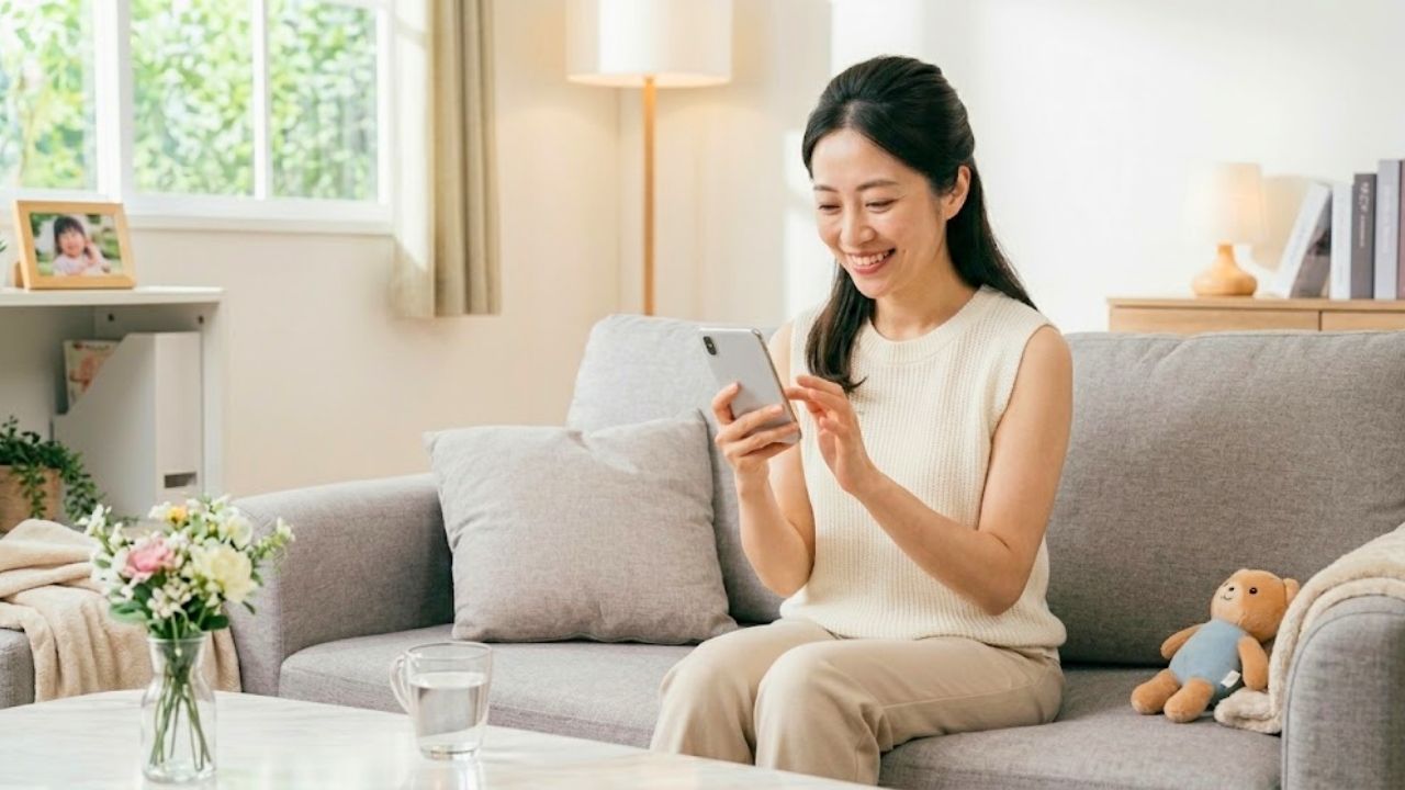 自分にぴったりなマッチングアプリを見つけ、楽しそうにスマホを操作するシングルマザー。