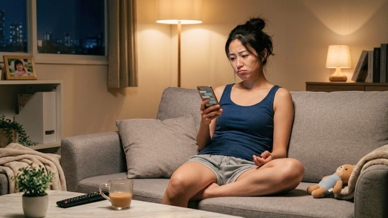 アプリの男性からのメッセージに呆れているシングルマザー。