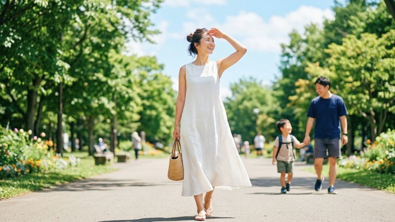 公園を散歩し、充実した休日を過ごすシングルマザー。後ろには息子と彼氏が手を繋いで歩いている。