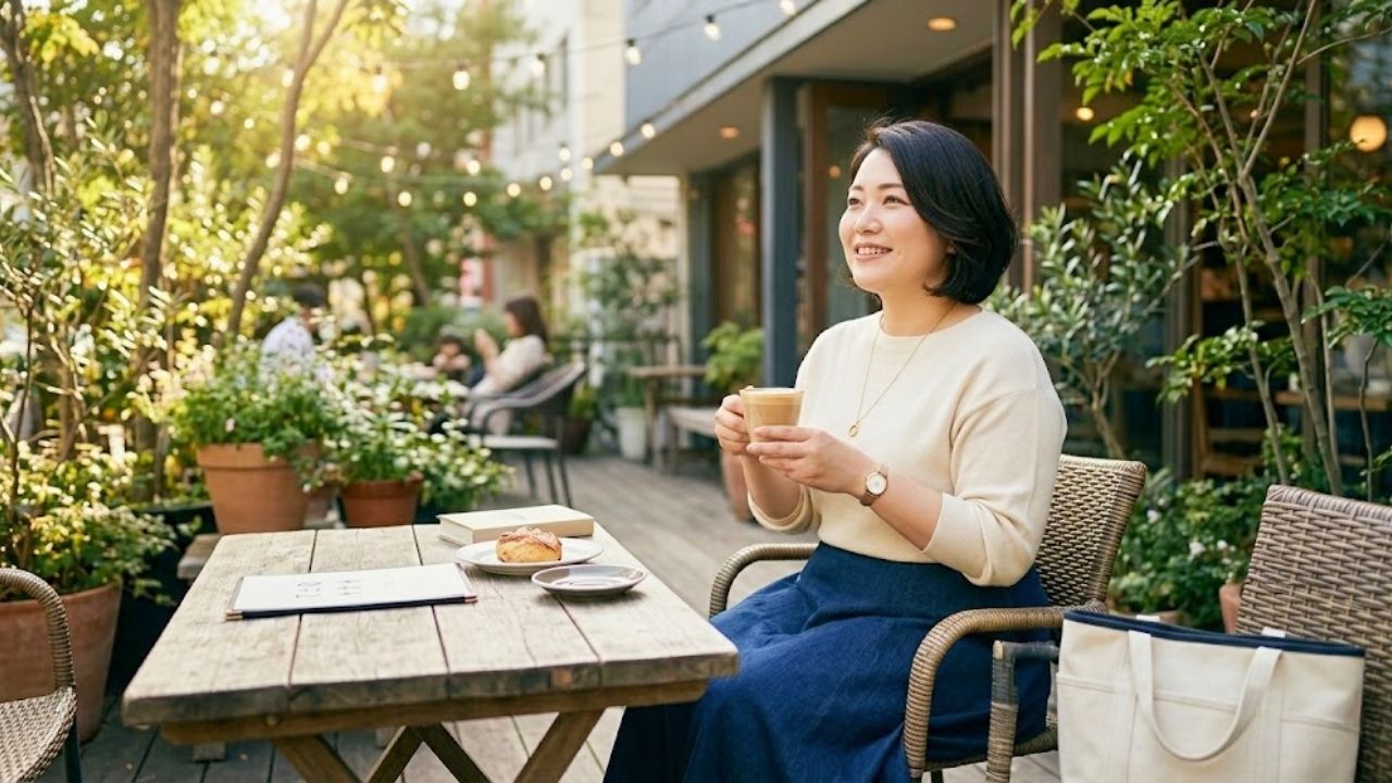 カフェのオーブンテラスでリラックスするぽっちゃりなシングルマザー。