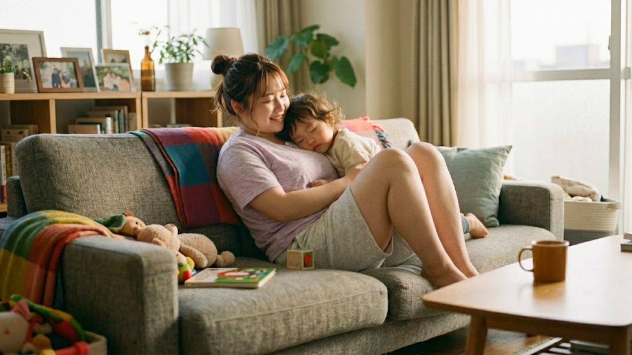 寝ている子どもを優しく抱く、包容力のあるぽっちゃりなシングルマザー。