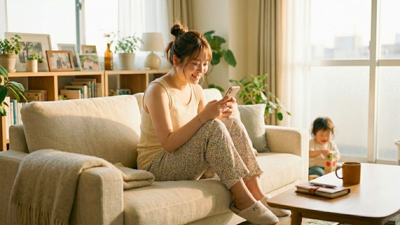 ぽっちゃりはモテることを知り、前向きに恋愛することを決意したシングルマザーが楽しそうにスマホを見ている様子。