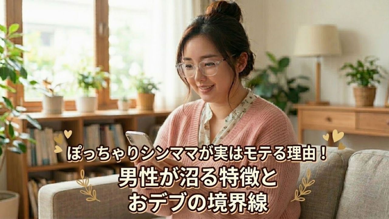 自宅で楽しそうにスマホを見ているぽっちゃりなシングルマザー。