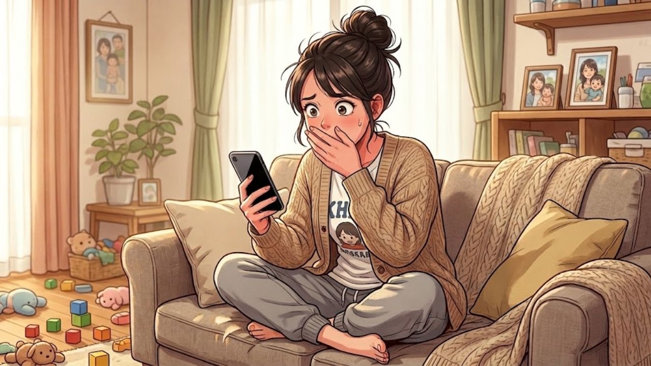 マッチングアプリで男性に誤爆送信してしまい、焦っているシングルマザーのイラスト。