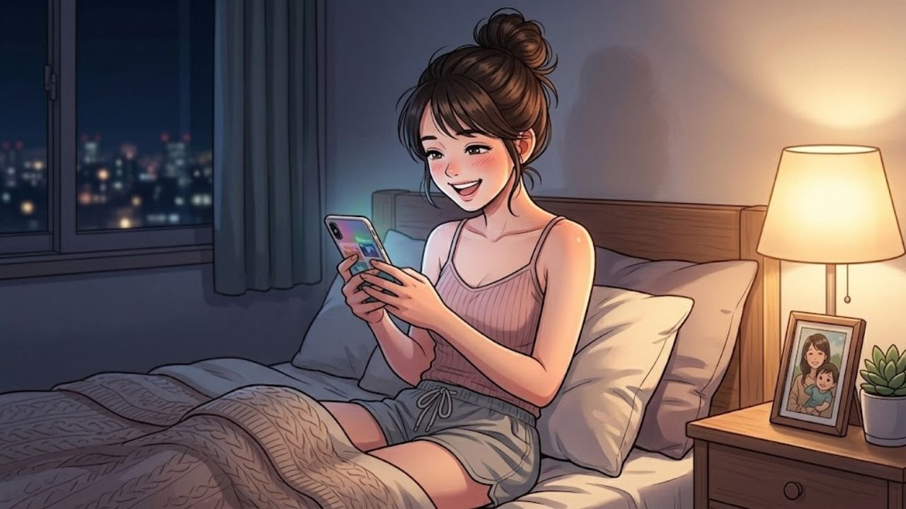 自分の失敗を笑って理解してくれる男性がいるマッチングアプリに出会い、楽しそうにスマホを見ているシングルマザーのイラスト。