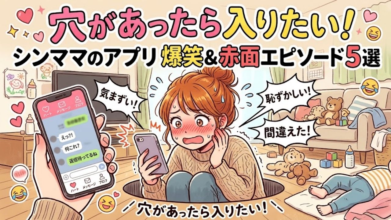 「穴があったら入りたい！シンママのアプリ爆笑＆赤面エピソード5選」というタイトル。中央には、顔を真っ赤にして床の穴に深くはまり込んだ女性が、スマホを持って慌てふためいている。周囲には「気まずい！」「恥ずかしい！」「間違えた！」という吹き出し。前景には「えっ?!」「何これ?」「返信待ってるね」というメッセージが表示された大きなスマホ。背景は散らかったリビングルームで、ぬいぐるみやおもちゃ、寝ている子供の姿が見える。ハートや汗、爆笑のアイコンが飛び散っている。