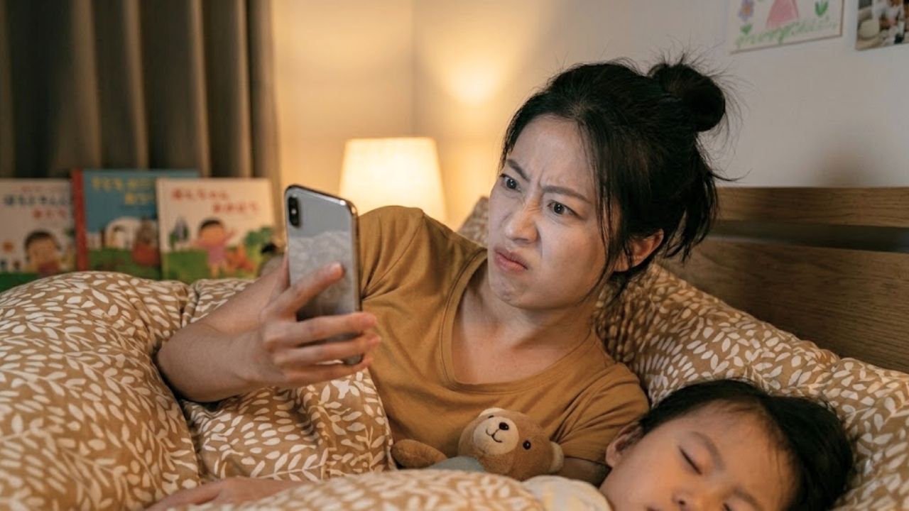 アプリの説教男のメッセージを見てウザいと感じているシングルマザー。