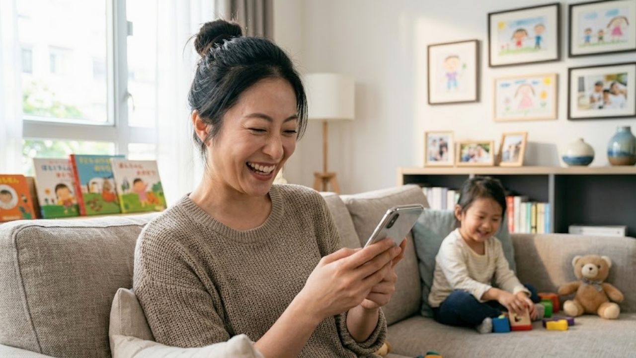 シングルマザーに理解あるアプリに出会い、楽しそうにスマホを見るシングルマザー。