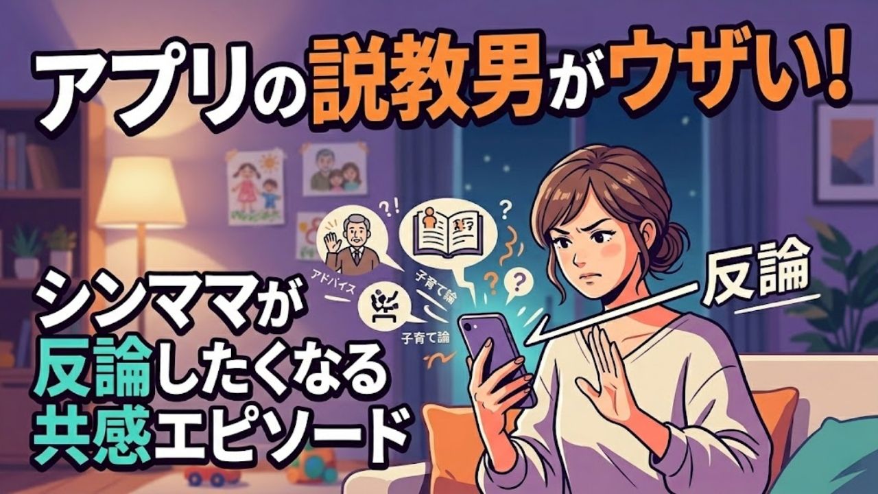 アプリにいる説教男に反論したくなっているシングルマザーのイラスト。