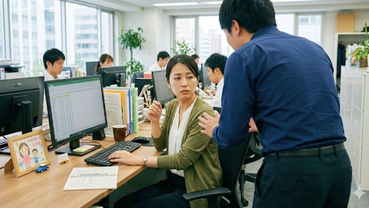 しつこい男性社員に、左手薬指の指輪をさり気なくチラつかせ男性の影を意識させるシングルマザー。