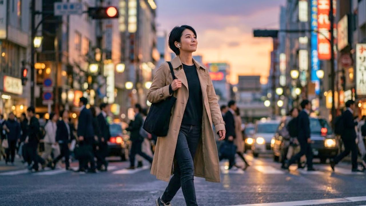夕暮れの街の雑踏の中を、ワイヤレスイヤホンをつけて一人で歩くシングルマザー。周囲の群衆に溶け込み、「母親」という役割から解放された匿名のひとり時間を満喫し、穏やかで自由な微笑みを浮かべている様子。