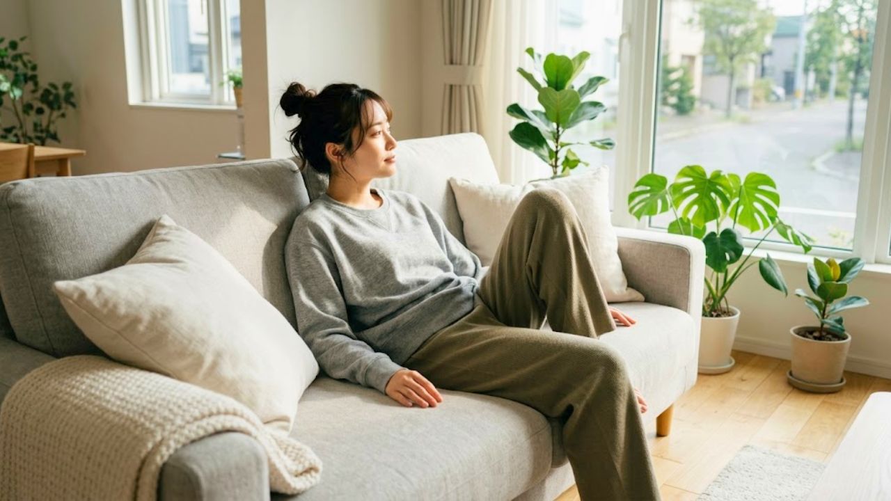 休日の明るいリビングのソファで、何もせずにゆったりと横たわり、「全力でダラダラする」時間を肯定して心身を休ませているシングルマザー。スマホも持たず、有意義に過ごさなければというプレッシャーから解放された穏やかな表情。