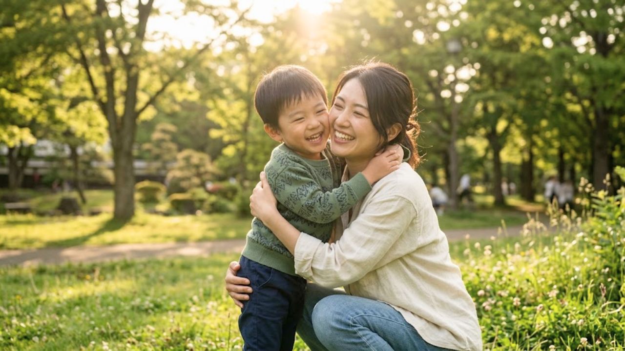 「ひとり時間」で心身ともにリフレッシュし、溢れるような笑顔で4歳の息子を力いっぱい抱きしめるシングルマザー。明るい陽光が差し込む公園で、自分を大切にすることが子どもへの深い愛情と笑顔に繋がっていることを象徴する、幸福感に満ちた母子のシーン。