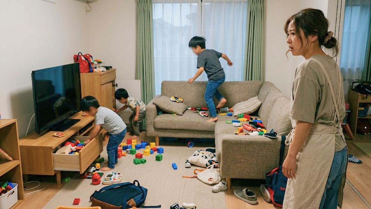 子どもの非常識な友だちが帰らない！家事の手を止め、疲れ果てて立ち尽くすシングルマザー。散らかったおもちゃや、友だちの後ろ姿が見える。
