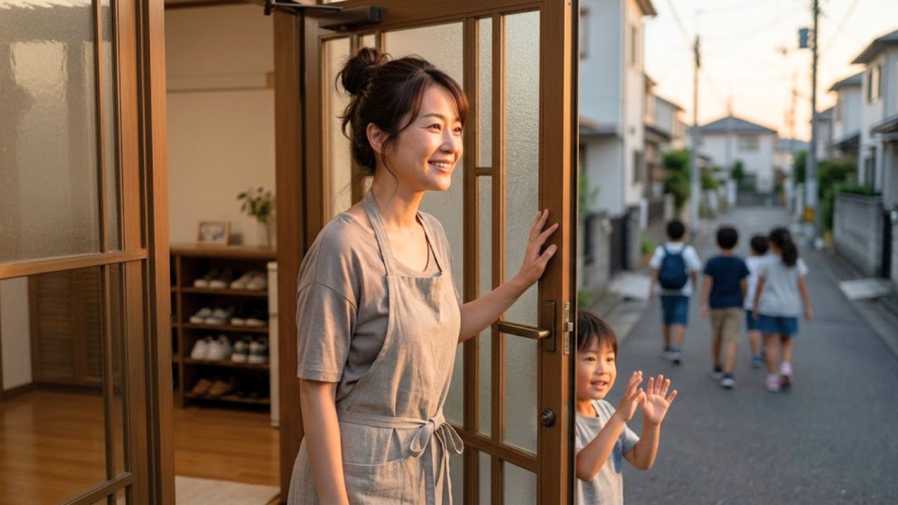 子どもの友だちトラブルを解決！時間通りに友だちを見送り、安堵と達成感に満ちた晴れやかな表情で玄関のドアに立つシングルマザー。夕日に包まれ、家事に戻る前の清々しい瞬間。