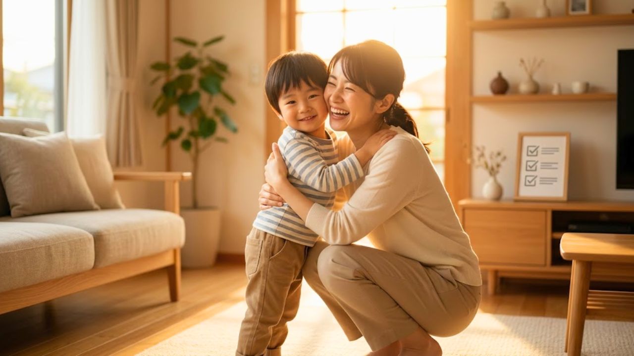 子どもの友だちトラブルを乗り越え、明るい陽光が差し込む整理整頓されたリビングルームで息子を優しく抱きしめるシングルマザー（これまでの画像と同一人物）。幸福感と安らぎに満ちた平和な母子のシーン。