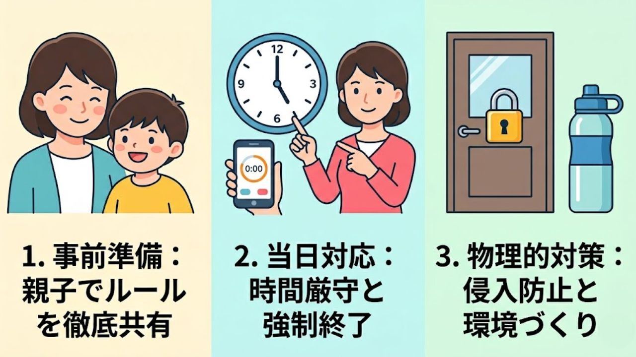 子どもの友だちが帰らないトラブルを防ぐ！シングルマザー向けの具体的な防衛策とルール作り（事前準備・当日対応・物理的対策）をまとめた3ステップ図解