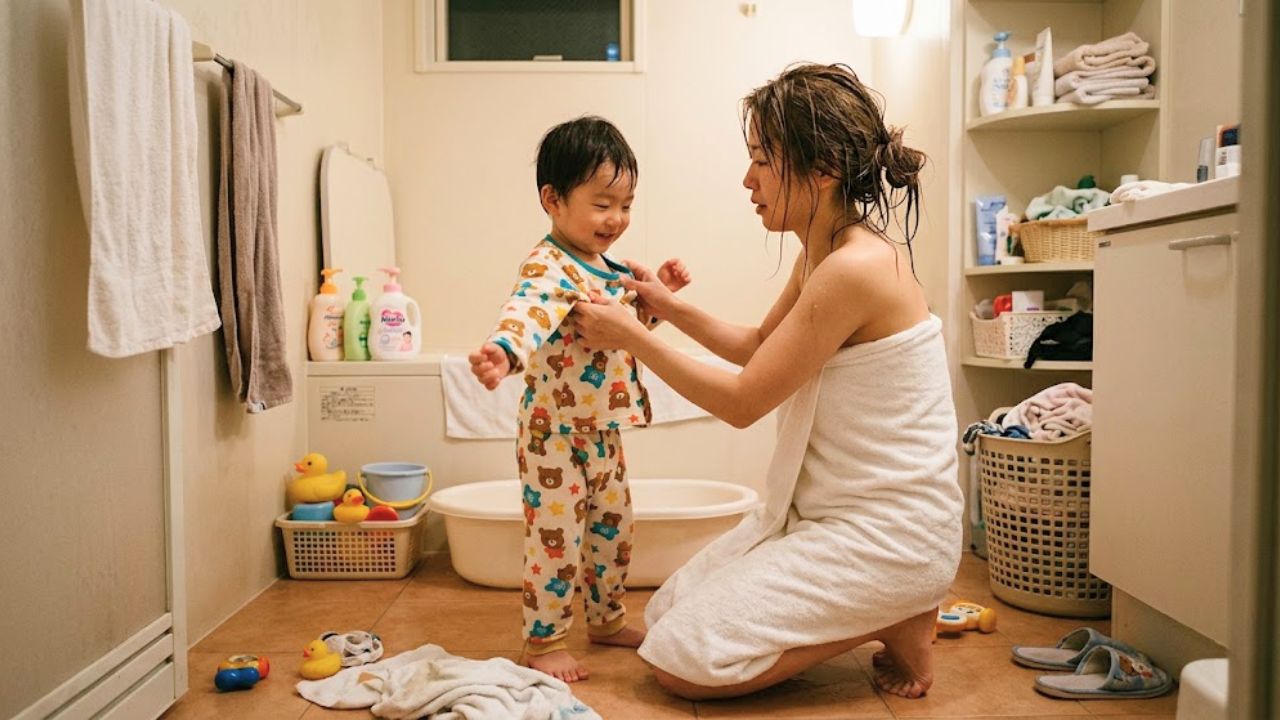 風呂上がり、子どもにパジャマを着せているシングルマザー。