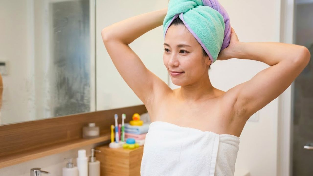 子どもの世話で忙しい風呂上がり、ヘアドライタオルをサっと髪に巻くシングルマザー