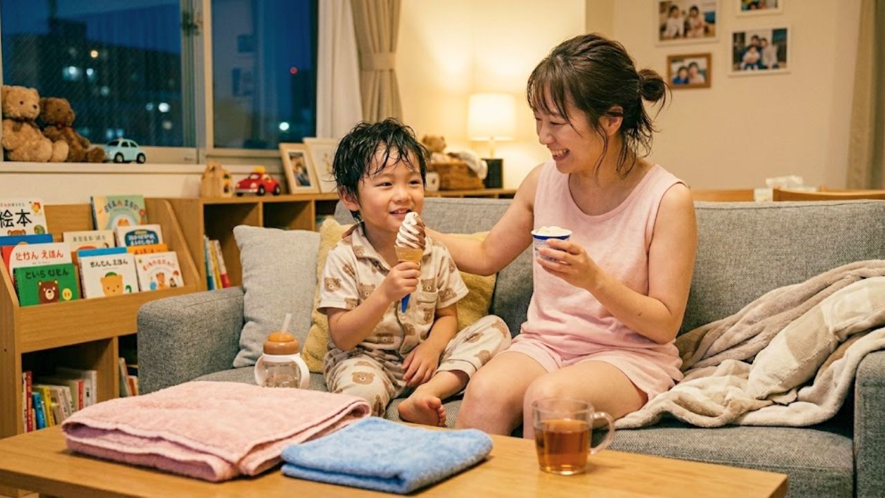 ヘアドライタオルにより時間に余裕ができたシングルマザー。子どもとゆっくり風呂上がりのアイスを楽しんでいる
