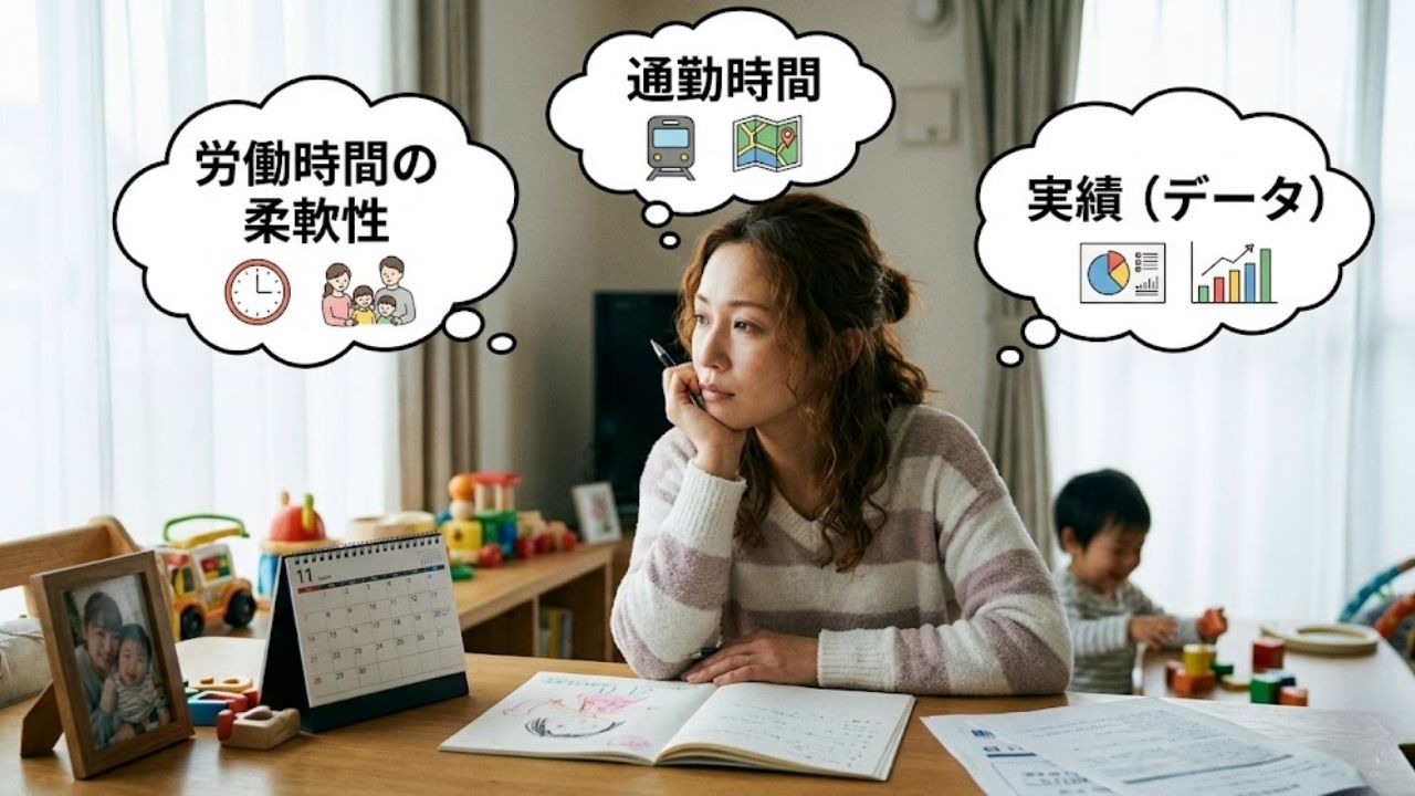 仕事選びで妥協したくない点を考えるシングルマザー。