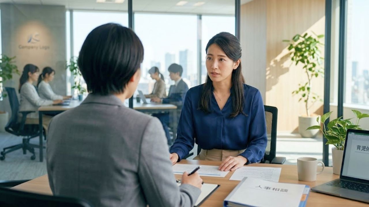勤務先の人事と労働条件などを話し合うシングルマザー。