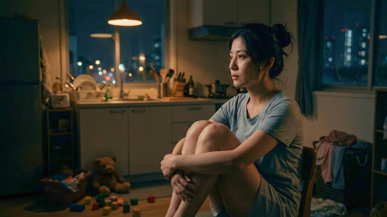 子どもが寝静まった後のキッチンで、一人社会的疎外感や孤独感を思い悩むシングルマザー