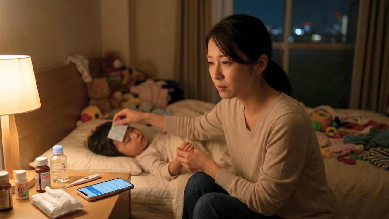 深夜に一人で子どもの看病をして孤独を感じるシングルマザー。