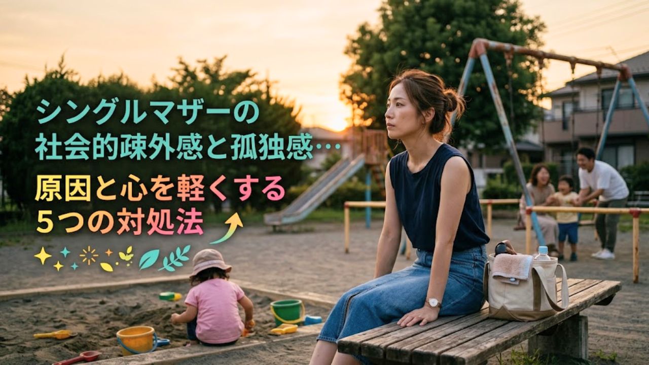 夕暮れの公園で子どもを遊ばせているシングルマザー。近くに家族連れがいるため孤独を感じている。