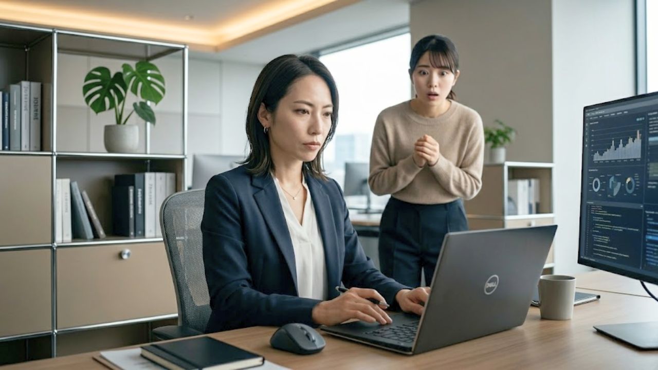 舐めた態度をとる後悔のミスによるトラブルを瞬時に解決し、実力差に驚く後輩を背にプロとしての余裕を見せるシングルマザーの社員。