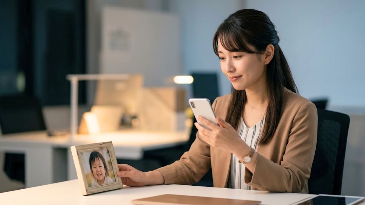 オフィスのデスクで、飲み会の誘いに葛藤しつつも、手元にある子どもの写真を見て、家庭を最優先にする決意を固めるシングルマザー