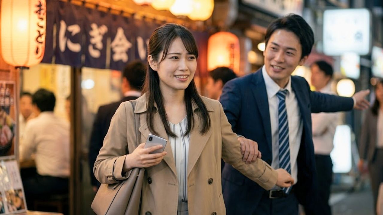 会社の飲み会の一次会が終了した後、お店の外で酔った同僚に腕を掴まれ、しつこく二次会に誘われて困惑と気まずさの混ざった困り顔をするシングルマザー